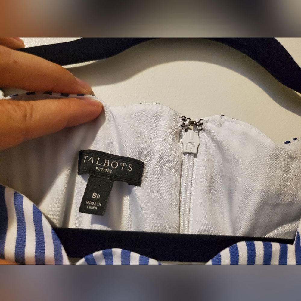 Talbots Sleeveless Blue White Striped Embroidered Fit Flare Dress, 8 Petite - Picture 7 of 8